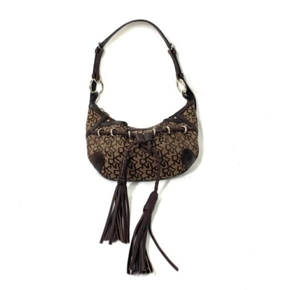 DKNY Signature Small Tassel Hobo Shoulder Bag - Brown/Tan Faux Leather/Canvas - Picture 1 of 8